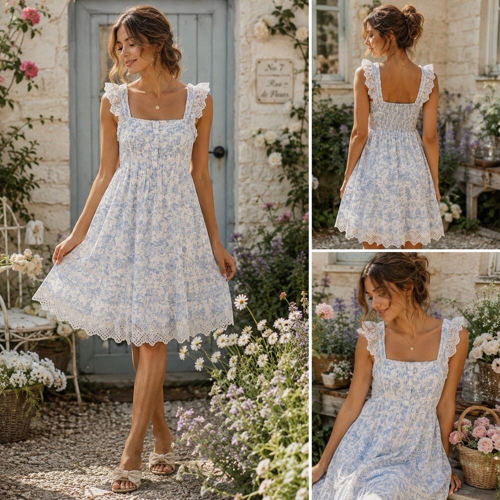 Rachel Ashwell Sz M Blue White Toile Dress Eyelet Romantic Cottagecore Prairie